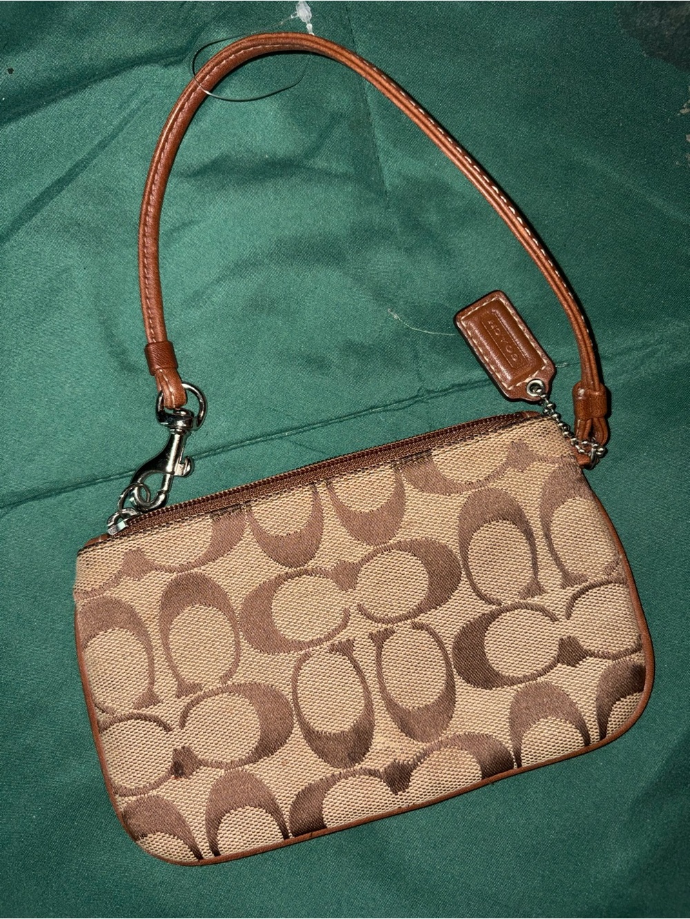 Coach Brown Signature Canvas Wristlet with Leather Strap